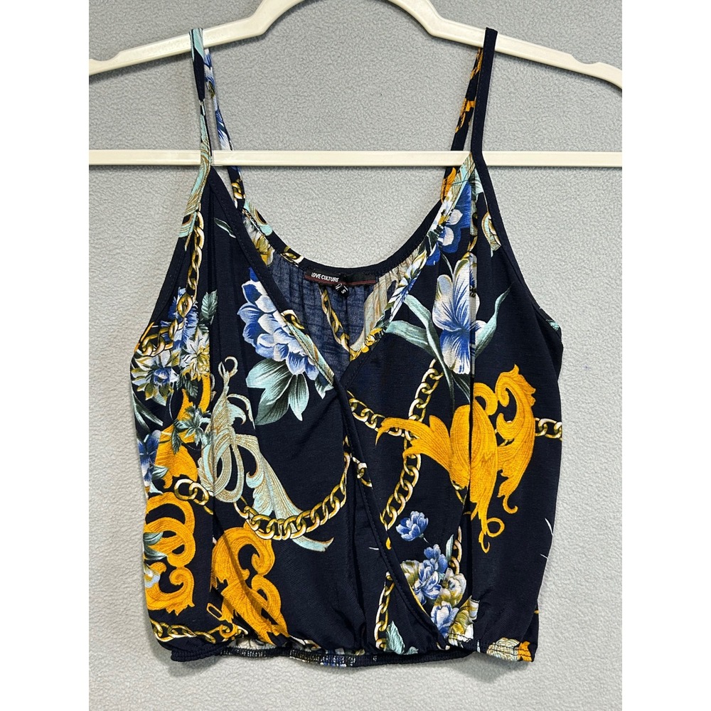 Womens Tank‎ Top Small Blue Gold Baroque Chain Print Surplice Crop Summer Floral